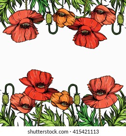Vector frame art with colorful hand drawn poppies. EPS 8.