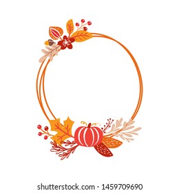 Vector frame autumn bouquet wreath. orange leaves, berries and pumpkin isolated on white background. Perfect for seasonal holidays, Thanksgiving Day