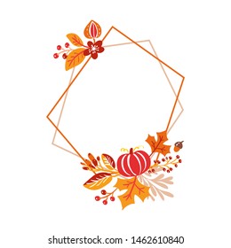 Vector frame autumn bouquet wreath. orange leaves, berries and pumpkin isolated on white background. Perfect for seasonal holidays, Thanksgiving Day