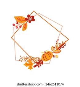 Vector frame autumn bouquet wreath. orange leaves, berries and pumpkin isolated on white background. Perfect for seasonal holidays, Thanksgiving Day