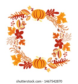 Vector frame autumn bouquet wreath. Orange leaves, berries and pumpkin isolated on white background with place for text. Perfect for seasonal holidays, Thanksgiving Day