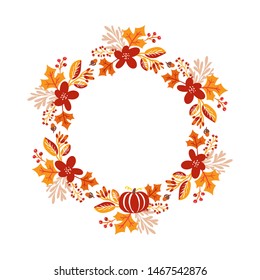 Vector frame autumn bouquet wreath. Orange leaves, berries and pumpkin isolated on white background with place for text. Perfect for seasonal holidays, Thanksgiving Day