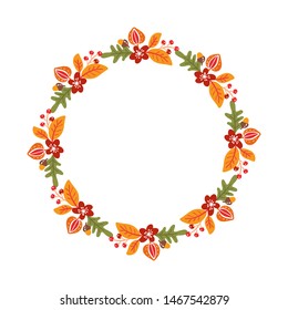 Vector frame autumn bouquet wreath. Orange leaves, berries isolated on white background. Perfect for seasonal holidays, Thanksgiving Day