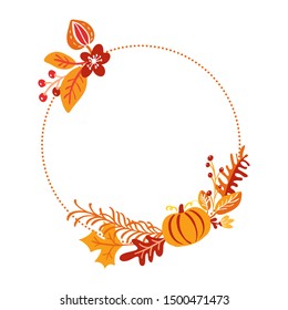 Vector frame autumn bouquet wreath. Orange leaves, berries and pumpkin isolated on white background with place for text. Perfect for seasonal holidays, Thanksgiving Day