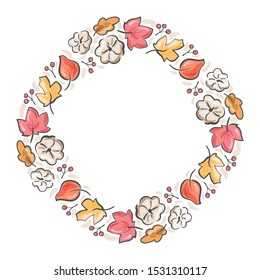 Vector frame autumn bouquet wreath. Orange leaves, berries and pumpkin isolated on white background with place for text. Perfect for seasonal holidays, Thanksgiving Day