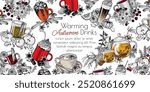 Vector frame autumn drinks in engraving style. Sea buckthorn tea, marshmallow cocoa, apple cider, spiced tea latte, hot chocolate , pumpkin spice latte, tea with rose hips and raspberries, mulled wine