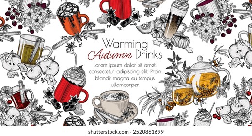 Marco de Vector de bebidas de otoño en estilo de grabado. Té de espino cerval de mar, cacao de malvavisco, sidra de manzana, café con leche de té con especias, chocolate caliente, café con leche de especias de calabaza, té con escaramujos y frambuesas, vino caliente