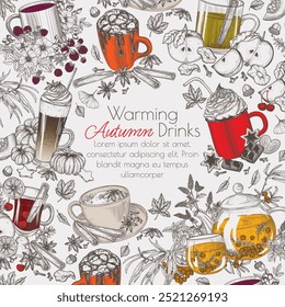 Bebidas de outono com estrutura vetorial. Chá de espinheiro, cacau de marshmallow, cidra de maçã, chá de café com leite, chocolate quente, abóbora com leite, vinho com casca