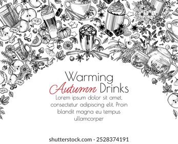 Vector frame autumn drinks. Sea buckthorn tea, marshmallow cocoa, apple cider, spiced tea latte, hot chocolate , pumpkin spice latte, mulled wine