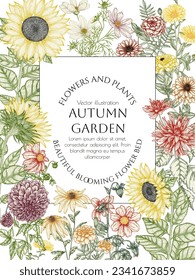 Vector frame autumn garden. Dahlia, cosmos, zinnia, marigold, calendula, rudbeckia, sunflower in engraving style