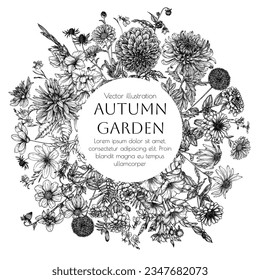 Vector frame autumn garden. Dahlia, cosmos, zinnia, marigold, calendula, rudbeckia, gladiolus, datura, eryngium, allium, chrysanthemum, lobelia in engraving style