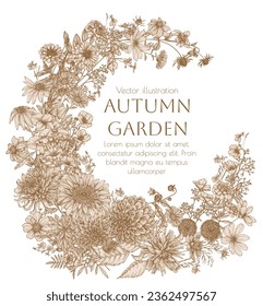 	
Jardín de otoño con marco vectorial. Dahlia, cosmos, zinnia, caléndula, rudbeckia, gladiolus, datura, eringium, allium, chrysanthemum, lobelia, gerbera, escherzia en estilo de grabado