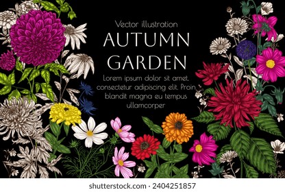 Vector frame from autumn garden. Dahlia, cosmos, zinnia, calendula, rudbeckia, chrysanthemum