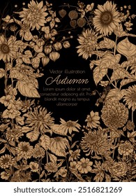 Vector frame autumn garden. Dahlia, zinnia, marigold, calendula, rudbeckia, gladiolus, datura, chrysanthemum, gerbera, physalis, sunflower in engraving style