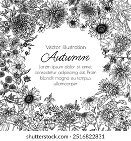 Vetor quadro jardim de outono. Dahlia, zinnia, marigold, calendula, rudbeckia, gladiolus, datura, chrysanthemum, gerbera, physalis, girassol em estilo de gravação