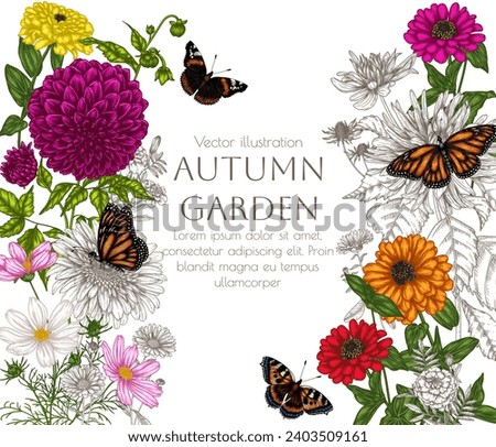 Vector frame from autumn garden. Dahlia, cosmos, zinnia and butterflies in engraving style