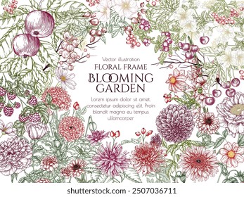 Vector frame autumn garden in red and burgundy tones. Flowers, fruits, berries. Apple, rose hip, raspberry, cherry, decorative poppies, peony, dahlia, marigolds, chrysanthemum, gerbera, gladiolus