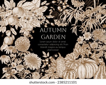 Vector frame autumn garden. Rosehip, sea buckthorn, rowan, pumpkin, apple, chrysanthemum, gerbera, dahlia in engraving style