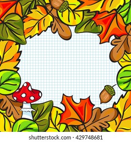 Vector frame with autumn leaves and school notebook paper