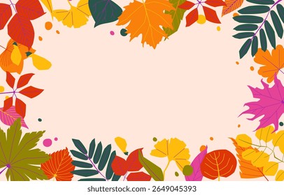 Vector frame of autumn leaves with space for text. Bright flat fall foliage border on light background. Ideal for seasonal design, banners, invitations and cards