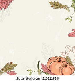 Marco vectorial al estilo otoño. Otoño, hojas, calabaza en tonos beige como un blanco para diseñadores, logo, icono, impresión, mocap.