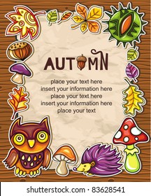 Vector frame with autumnal nature symbols on wooden background, with space for your text.