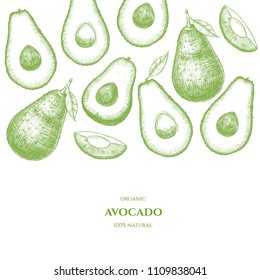 Vector frame with avocado. Hand drawn. Vintage style