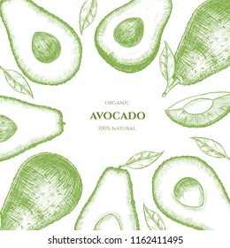 Vector frame with avocado. Hand drawn. Vintage style