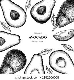Vector frame with avocado. Hand drawn. Vintage style
