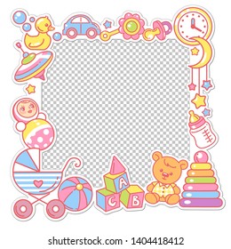 Vector frame with baby objects. Toys, accessories, clothes with transparent frame. Baby shower design template. Photo frame for baby picture. Newborn baby background. Color vector illustration.