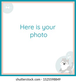 Vector frame for baby photography with a small cartoon dog. The frame is pink and blue. At the bottom of the frame is a cute puppy with a bone.