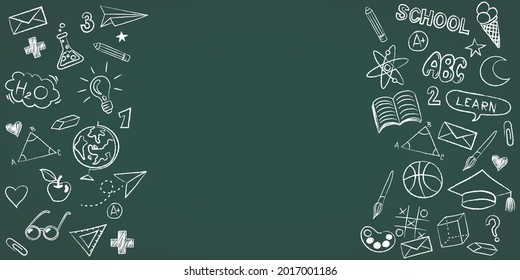 Vector frame back to school with education doodle icon symbols on green chalkboard. Lessons objects drawn by hand in a childish manner. EPS10.