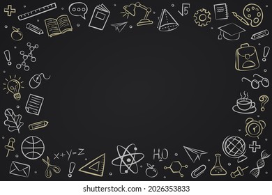 Vector frame back to school with education doodle icon symbols on black chalkboard. frame back to school. EPS10.