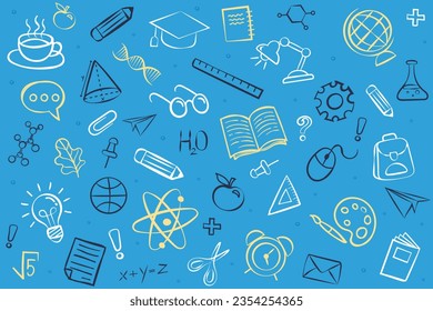 Vector frame back to school with education doodle icon symbols on black chalkboard. frame back to school. pattern with doodles. illustration EPS10.