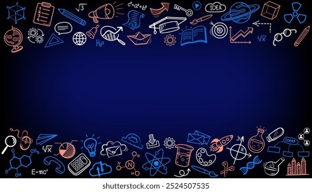 Vector frame back to school with education doodle icon symbols on black chalkboard. frame back to school. Hand drawn vector pattern background. Foreign language education course for online training.