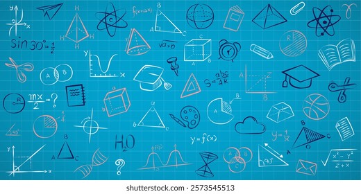 Vector frame back to school with education doodle icon symbols on blue background. frame back to school. Doodle of foreign language education course for home online training study. EPS10.