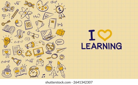 Vector frame back to school with education doodle icon symbols on yellow background. frame back to school. Doodle of foreign language education course for home online training study. EPS10.