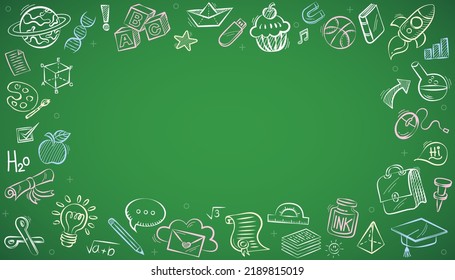 Vector frame background back to school with education doodle icon symbols on green chalkboard. frame back to school. EPS10.