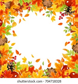 Vector frame background with colorful autumn leaves on white.
