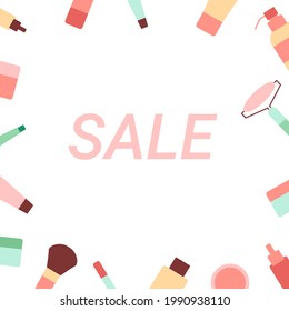 Fondo del marco vectorial con productos cosméticos. Concepto de publicidad, invitaciones, impresiones de afiches. 