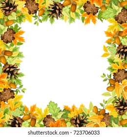 Vector frame background with green, yellow and orange autumn leaves, cones and acorns.
