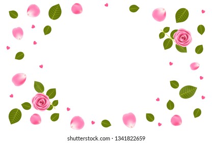Vector Frame Background pink roses and petals with small pink hearts on white background. Design backdrop for Mothers Day, Spring, Summer, Floral greetings, banners, posters, marketing, advertising.