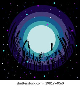 Vector frame, background, template, board with moon, night sky and grass. Your text here.
