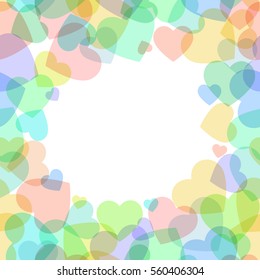 Vector frame, background, texture, seamless pattern with colored transparent hearts of love