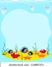 Vector frame background. Underwater World. Cartoon cute marine animals on the sandy bottom.