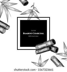 Vector frame with bamboo charcoal. Hand drawn. Vintage style