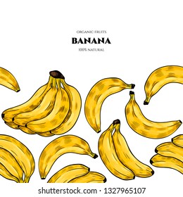 Vector frame with  banana  and tropical leaves .Hand drawn. Vintage style