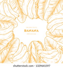 Vector frame with  banana  and tropical leaves .Hand drawn. Vintage style