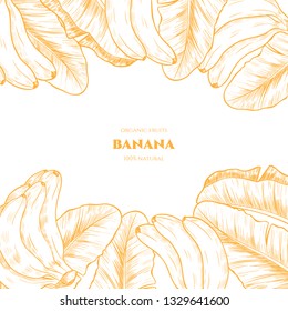 Vector frame with  banana  and tropical leaves .Hand drawn. Vintage style
