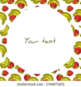 Marco vectorial con plátanos y fresas; marco de verano para tarjetas de felicitación, embalaje, invitaciones, afiches, banners, diseño web.